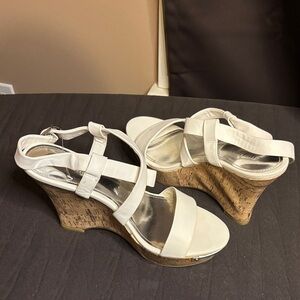Jennifer Lopez White Strappy Cork Wedge Sandals